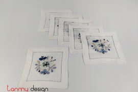 Set of 6 coasters hand-embroidered with blue apricot flower 10*10 cm